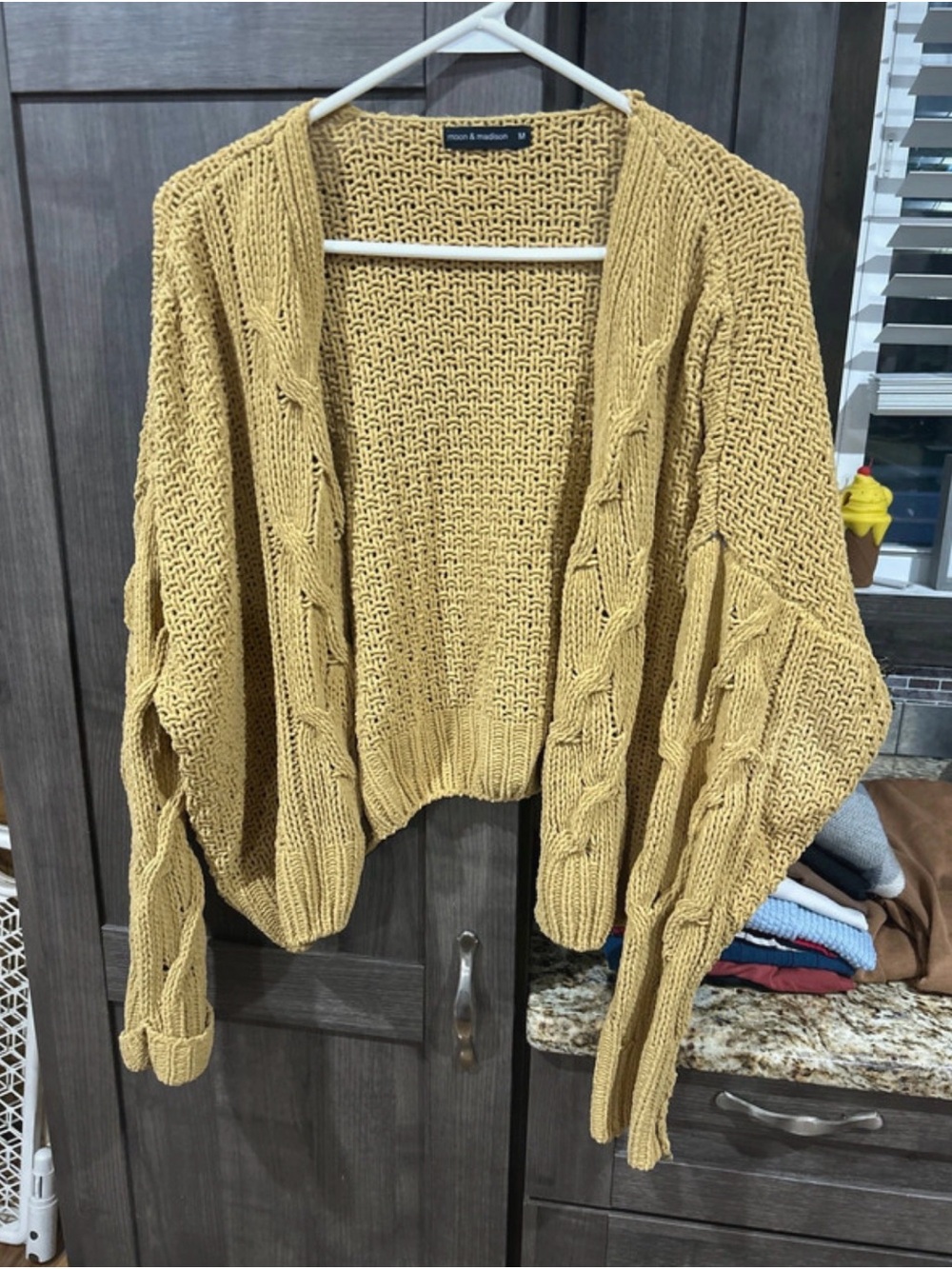 moon & madison Mustard Open-Front Cable Knit Cardigan